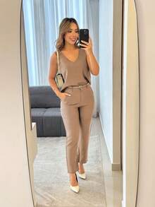 Women's Blouse And Pants Set - Khaki - View 1