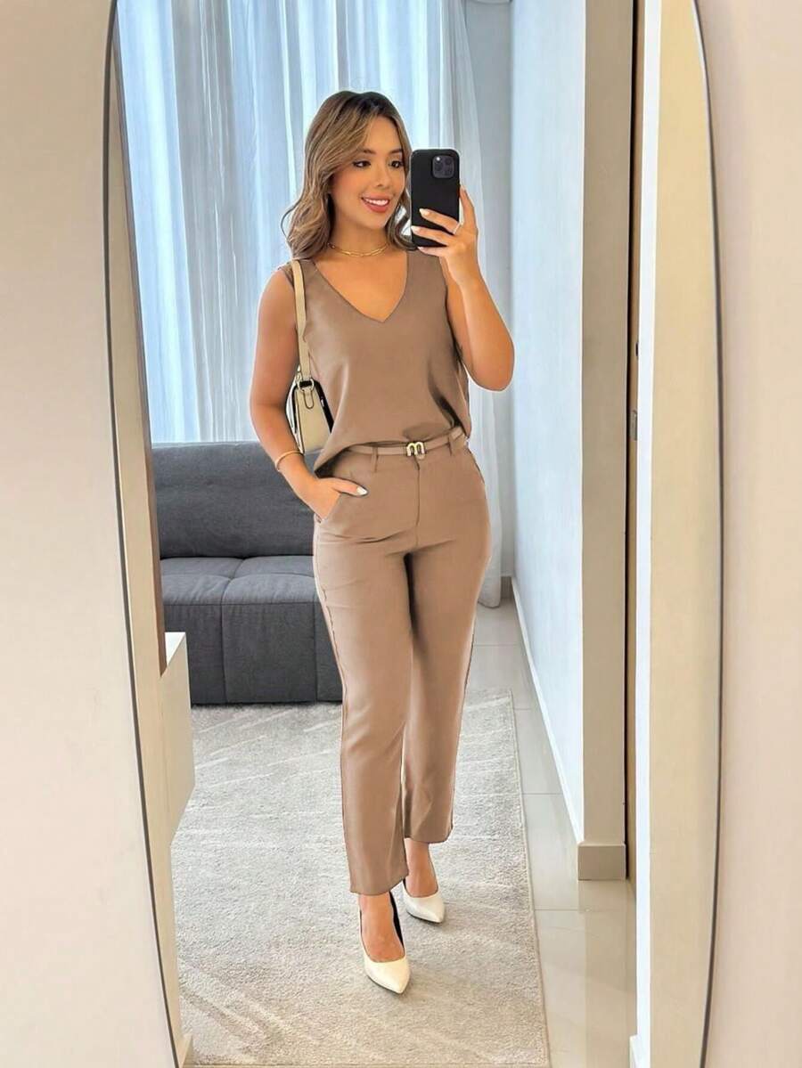 Women's Blouse And Pants Set - Khaki - View 1
