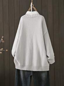 Plus Size Women Long Sleeve Pullover Sweater With Single Side Pocket, Suitable For Autumn/Winter - Grey - View 2