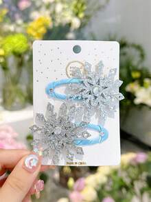2pcs/Set Girls Elsa Princess Snowflake Hair Clips Set, Suitable For Daily Decoration, Christmas Decoration