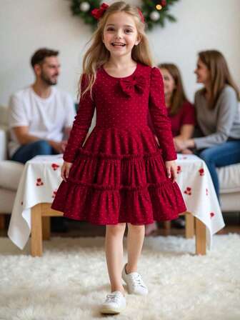 Girls Vintage Velvet Bow Decor Dress, Velvet Fabric With Sheen, 3D Bow Accent, Cinched Waist & Flared Skirt For Elegant Look, Suitable For Christmas Party, New Year Gala, Holiday Performance, Autumn/Winter