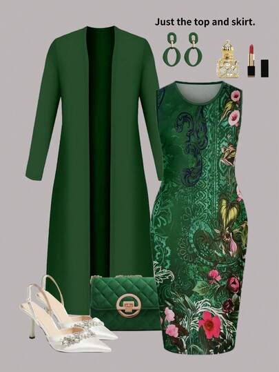 Conjunto de 2 piezas elegante para mujer de talla grande: Chaqueta de cárdigan de manga larga de unicolor de moda + Vestido maxi ajustado de estampado floral vintage sin mangas