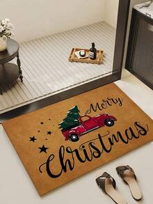 1pc Interesting Christmas Truck-Christmas Tree-Letter Welcome Doormat, Classic European-Style Soft Washable Entrance Mat, Suitable For Entryway, Hallway, Bathroom, Patio, Laundry Room, Bathroom, All Season Decorative Carpet, Christmas Decor - Home Decor