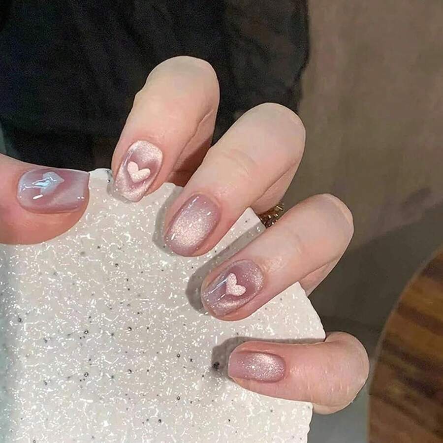 Press On False Nails - Heart & Cat's Eye - View 1