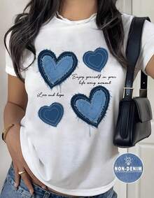 Mujer camiseta casual estampado de DENIM HEARTS diseño creativo, tejido suave holgada cuello redondo manga corta primavera verano uso diario - Blanco - Ver 1