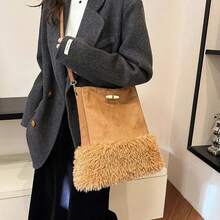 Women's Autumn/Winter Fashion Wool Shoulder Bag, Versatile Ladies Handbag And Wallet, Winter Suede Leather Messenger Bag With Fringe, Fuzzy Bucket Bag, Sheepskin Underarm Bag, Shearling Wool Commuter Shoulder/Crossbody Bag