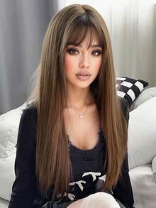 [耐热合成假发] 耐热 28 英寸长直合成假发，带刘海 - 自然柔软的头发，适合日常佩戴、角色扮演、万圣节、音乐节和圣诞节活动 - 女士时尚黑色 - 棕色 - 查看 3