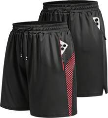 EstiloShorts Hombre Deportivos, Paquete de 2 Pantalones Cortos Deporte de Ajuste Holgado, Tela Secado Rápido, Transpirable y Ligero, con Bolsillo y Cremallera, para Correr Gimnasio Baloncesto SenderismoVersión mejorada - Negro y rojo-M - Ver 2