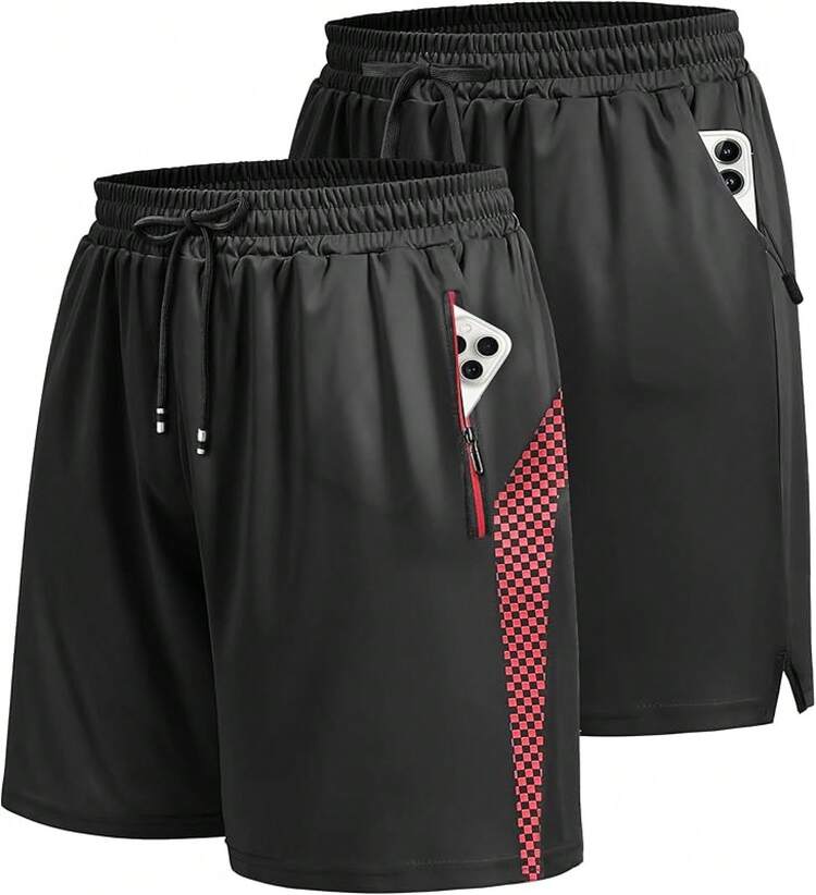 Shorts Hombre Deportivos, Paquete de 2 Pantalones Cortos Deporte de Ajuste Holgado, Tela Secado Rápido, Transpirable y Ligero, con Bolsillo y Cremallera, para Correr Gimnasio Baloncesto Senderismo - Negro y rojo-M - Añade 1