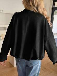 Women's Fall Fashion Faux Suede Bomber Coat Oversized Cropped Zip Up Lapel Casual Outerwear - Black - View 3