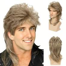 1顶男士70、80年代摇滚风万圣节假发 - 卷曲合成假发，适合派对、复古风、万圣节、角色扮演、朋克摇滚和迪斯科活动，易于佩戴 - 彩色 - 查看 3