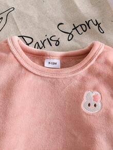 2pcs Baby Girls Cute Embroidered Rabbit Top Paired With Striped Jogger Pants, Fashionable Casual Outfit, Autumn/Winter - وردي فاتح - مشاهدة 3