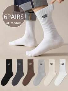 1/3/5/6 Pairs Men Autumn/Winter Maillard Color Letter Striped Versatile Crew Socks - Multicolor - View 2