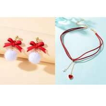 Christmas Jewelry Set Wine Red Choker Heart Pendant Necklace And Red Bow White Ball Dangle Earrings