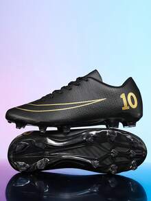 A Pair Of Professional Youth Football Shoes Made Of PU Leather, Suitable For Both Boy And Girl. Simple Shoe Upper, Comfortable And Soft, With Long Nail Anti Slip Function And Lace Up Wearing, Suitable For Daily Sports All Year Round - Black - View 4