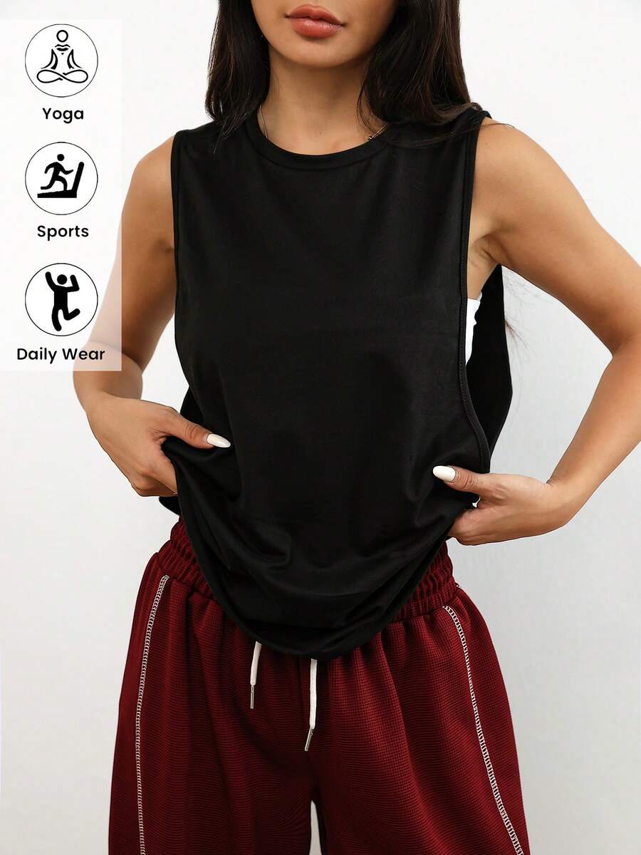 1pc Loose Casual Solid Color Sleeveless Hoodie, Comfortable For Daily Wear, Running, Gym & Sports, Spring/Summer - Black - View 1