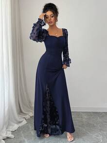 LilyHouse Women's Elegant Casual Long Sleeve Waist Cinched Dress With Floral Applique, Suitable For Dates, Parties, Weddings, Valentine's Day