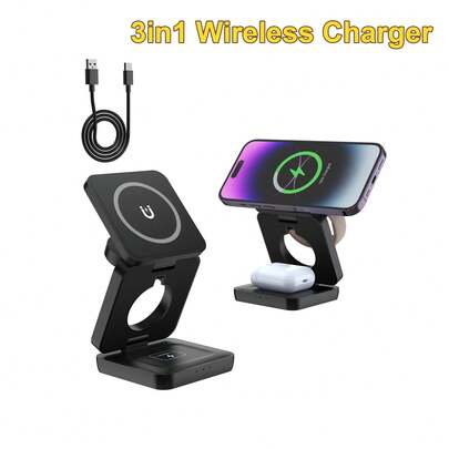 Trạm sạc không dây đa năng 15W 3 trong 1 có thể gập lại và di động, tương thích với các thiết bị Apple