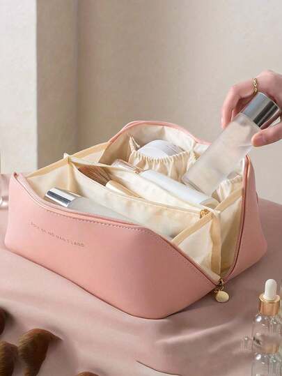 Bolsa de cosméticos de cuero PU impermeable, bolsa de aseo portátil, bolsa de almacenamiento de cosméticos de doble capa de gran capacidad, bolsa de cuidado de la piel de PU impermeable, bolsa de cosméticos de viaje, bolsa de cosméticos, bolsa de cuidado de la piel, bolsa de aseo, artículos de viaje necesarios, artículos necesarios para cruceros, vibras bohemias, vacaciones en la playa, colección de baño