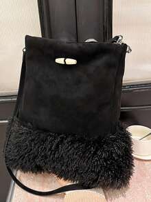 Women's Autumn/Winter Fashion Wool Shoulder Bag, Versatile Ladies Handbag And Wallet, Winter Suede Leather Messenger Bag With Fringe, Fuzzy Bucket Bag, Sheepskin Underarm Bag, Shearling Wool Commuter Shoulder/Crossbody Bag