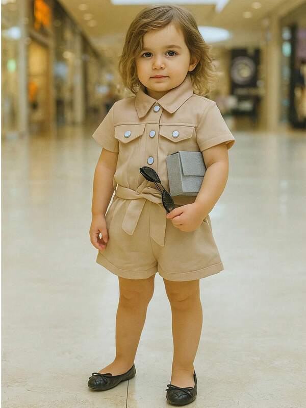 Pequeninos Kids - Macacão Infantil Safari com Cinto Social de Botão e Gola para Meninas