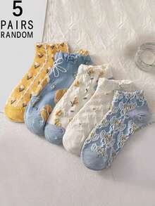 5/10/20 双女士复古 3D 压花花卉图案袜子，时尚百搭透气短中筒袜