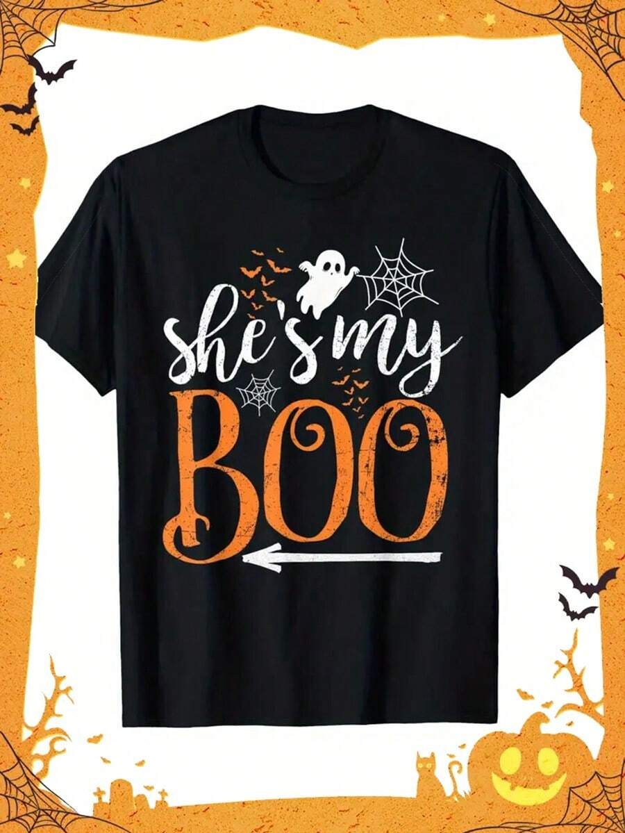 She's Is My Boo Costume Matching Couple Boo Ghost T-Shirt, Top Selling Items In The Store, 100% Cotton 180g, Black Round Neck,Nightmare Before Christmas,Christmas,Halloween Costumes,Funny T Shirts,Summer Outfits,Thanksgiving Day,Men Graphic Tees,Streetwear Men - Black - View 1