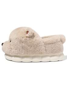 2-25厘米泰迪熊毛绒拖鞋，女式2020新款室内防滑保暖可爱3D卡通鞋，男女通用白色/浅棕色随机鞋底 - 卡其 - 查看 2