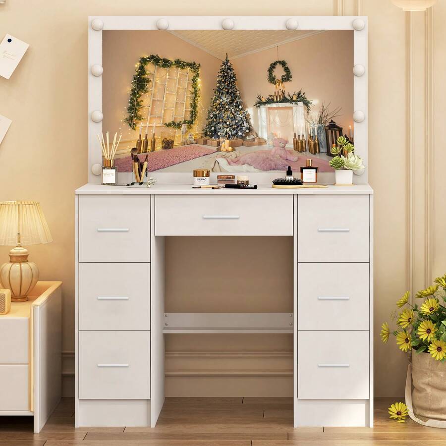 Vanity Desk Set With Large Dimmable LED Light Mirror Makeup Table & 7 Drawers - White - View 1