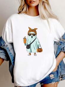Women T-Shirt Print Halloween Ghost Coffee Cute Ghost Drinking Coffee Leopard T-Shirt Versatile Unisex Stretched Streetwear Comfortable Breathable Slightly Female Top For Everyday Wear Graphic Casual Designer Clothes Women Fashion Stylish Women Top Graphic Tees