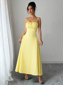 Vestido sin mangas para mujer, vestido largo liso con escote fruncido y cordones laterales - Amarillo - Ver 5