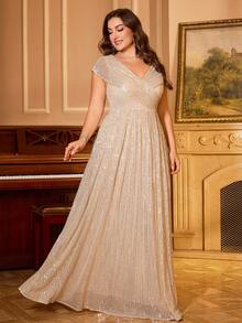 UNITHORSE V领闪亮亮片交叉前褶饰高低下摆晚会礼服 - 香檳色 - 查看 6