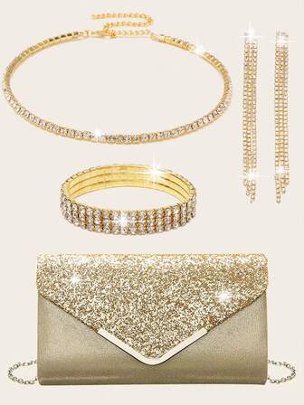 4 delar smyckeset för kvinnor med strass, bling, halsband, örhängen, armband, set för bröllop, kuvertväska för kvinnor, aftonväska, bling, glitter, elegant V-formad kuvertväska, bröllopsfest, brudväska
