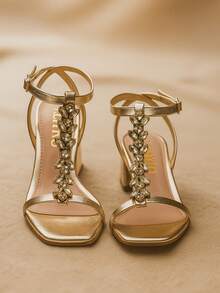 Elegant Geometric Stonework Chunky Block Heel Sandal - Gold - View 1