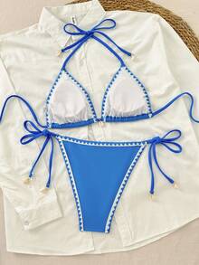 Bộ đồ bơi 2 mảnh này bao gồm một áo bikini hai dây in họa tiết màu trơn dễ thương và một quần bơi quyến rũ, hoàn hảo cho kỳ nghỉ hè ở bãi biển hoặc trang phục đi biển thường ngày. - Màu xanh lam - Xem 4
