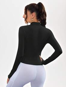 SHEIN Sports 纯色立领拇指孔运动夹克 - 黑色 - 查看 3