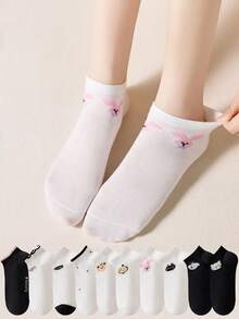 5/10 Pairs Women Cartoon Animal Footie Socks, Low Cut No Show Socks, Durable & Comfortable, Black & White, Suitable For Students & Street Fashion
