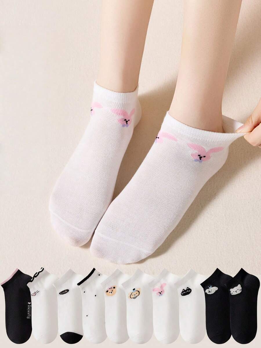 5/10 Pairs Women Cartoon Animal Footie Socks, Low Cut No Show Socks, Durable & Comfortable, Black & White, Suitable For Students & Street Fashion