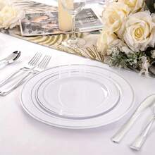 5/10/20/25/50 قطعة أطباق بيضاء بحافة فضية قابلة لإعادة الاستخدام بقطر 7.5 بوصة/10.25 بوصة، مزينة بالذهب، تصميم أبيض وفضي بسيط، مثالية لحفلات راقية، حفلات الزفاف، المناسبات، أعياد الميلاد، المناسبات الرسمية