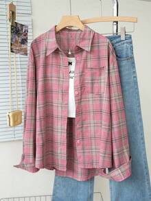 女士休闲格子长袖衬衫，复古口袋设计，宽松版型，秋冬百搭上衣 - 粉色 - 查看 4