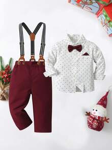 BOARNSEORL 2pcs Young Boys Gentleman Outfit - Long Sleeve Collared Shirt With Bow Tie And Suspender Pants, Suitable For Birthday Party, 1st Birthday, Christmas Party, Wedding, Formal Occasion - 紅色 - 查看 2