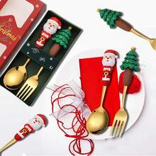 Christmas Spoon And Fork Set, Dessert Fork, Dessert Spoon, Coffee Spoon, Stainless Steel Gold Set With Santa Claus & Christmas Tree Toppers, Christmas Decor, Christmas Dinnerware Set, Practical Christmas Gift