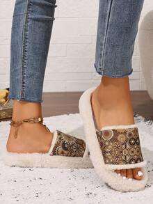 秋冬随机印花图案波西米亚风格舒适百搭女士家居拖鞋，毛茸茸的鞋子 - 米色 - 查看 6