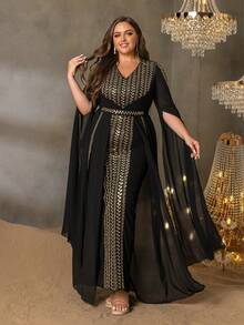 Faeriesty فستان سهرة رسمي أنيق للمقاسات الكبيرة مع ياقة على شكل حرف V رقيقة، مزين بترتر ذهبي على كامل الفستان، وأكمام طويلة جداً مثيرة للاهتمام، قصة مطرية مع إغلاق سحاب خلفي لمظهر راقي، مثالي لحفلات السجادة الحمراء، حفلات الزفاف، سهرات السوبرا، وعشاء الخيرية الفاخرة