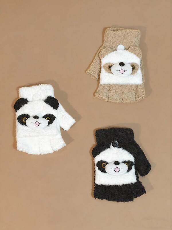 زوج قفازات أطفال يد مفتوحة مزينة بتصميم الباندا الحنون، مناسبة للاستخدام في فصلي الخريف والشتاء