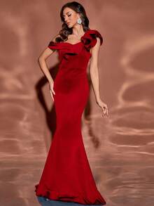 女式荷叶边不对称露肩修身优雅鱼尾下摆鸡尾酒会晚礼服 - 紅色 - 查看 1