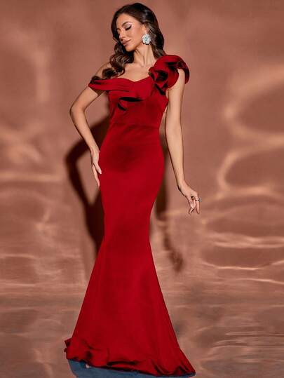 女式荷叶边不对称露肩修身优雅鱼尾下摆鸡尾酒会晚礼服