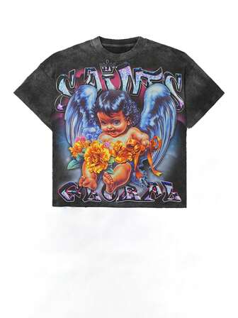 Guap Angel Autumn Fashion Men's Clothing Y2K (100 Percent Cotton 220g T-Shirt)New Autumn Classic RetroMen's Round Neck Short-Sleeved , Loose Style, Versatile, Unisex, Suitable For Holiday Trave