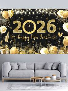 1件 2026新年背景布，黑金氣球圖案聚酯纖維背景布，2026新年慶祝派對背景裝飾，家居裝飾，房間裝飾，牆掛橫幅，庭院裝飾旗幟，新年掛飾，2026新年裝飾，新年禮物 - 黑金慶祝 - 查看 8