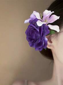 1件云紫玫瑰双花发夹，2025新款，人造花侧夹发夹，富有氛围感，鸭嘴夹配两朵花发饰，女士适用。 - 彩色 - 查看 3
